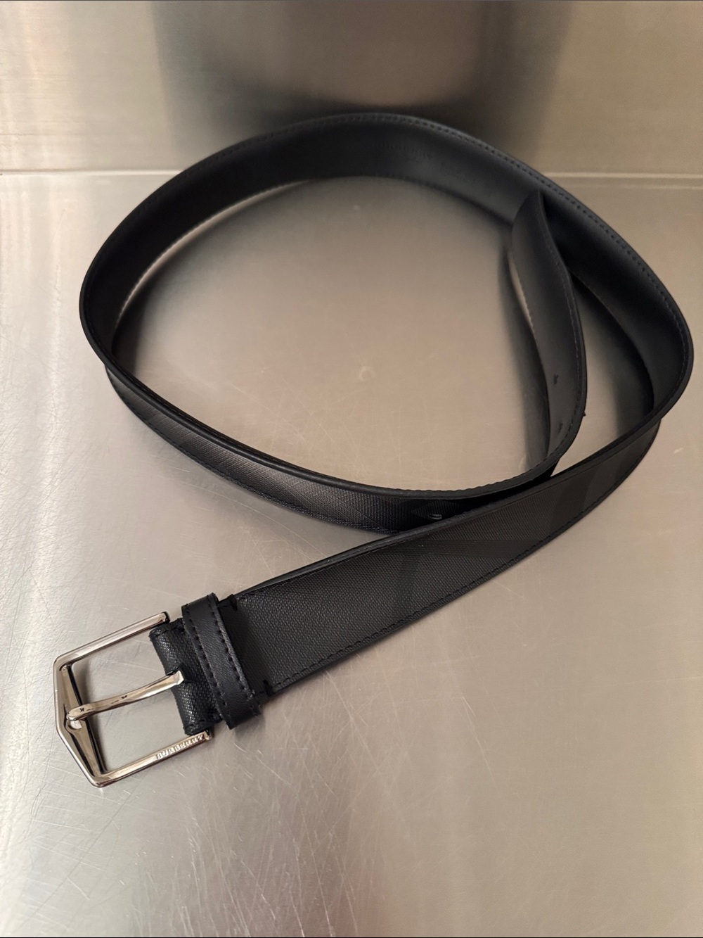 Burberry Black & Gray Men's Leather Belt with Silver Buckle